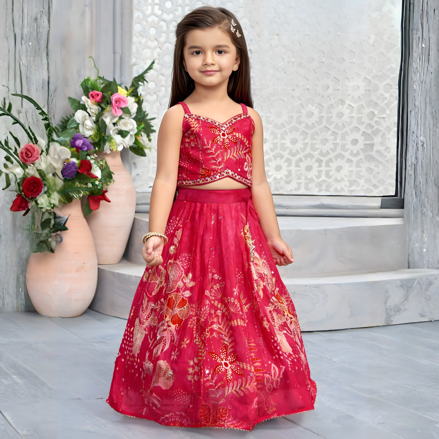 Pink Lehenga Choli with Dupatta For Girls