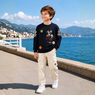Blue Printed Full Sleeves Round Neck Boys Regular Fit T-Shirt