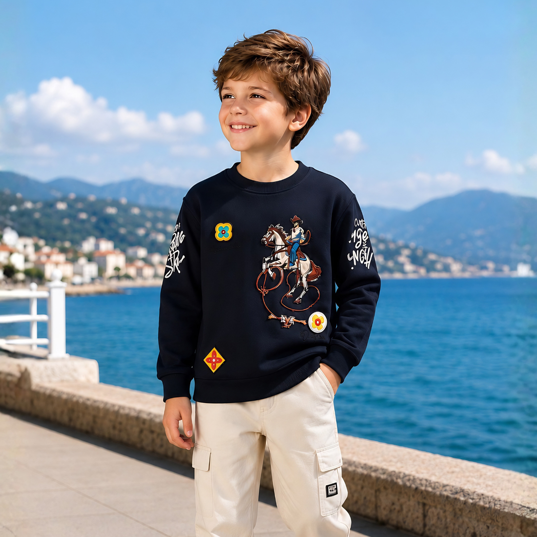 Blue Printed Full Sleeves Round Neck Boys Regular Fit T-Shirt