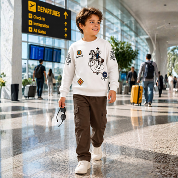White Printed Full Sleeves Round Neck Boys Regular Fit T-Shirt