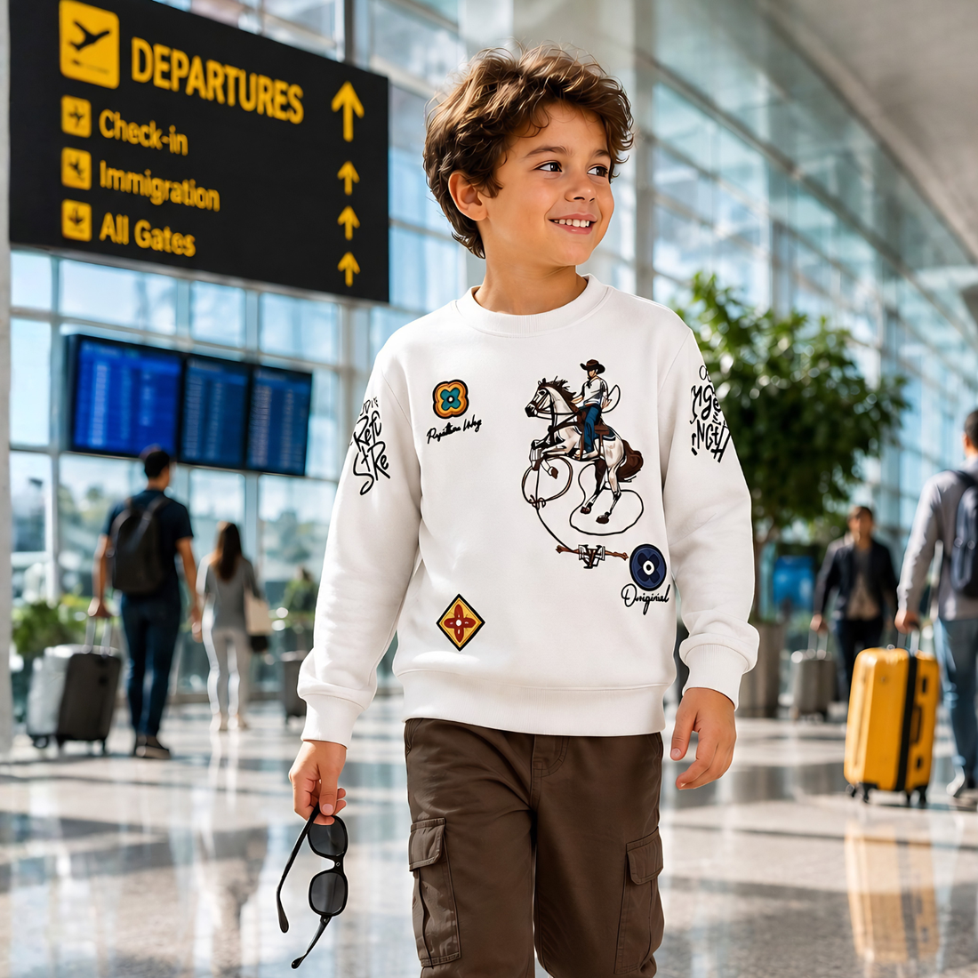 White Printed Full Sleeves Round Neck Boys Regular Fit T-Shirt