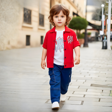 Boys Red Long Sleeves Shirt With Denim Jeans Set