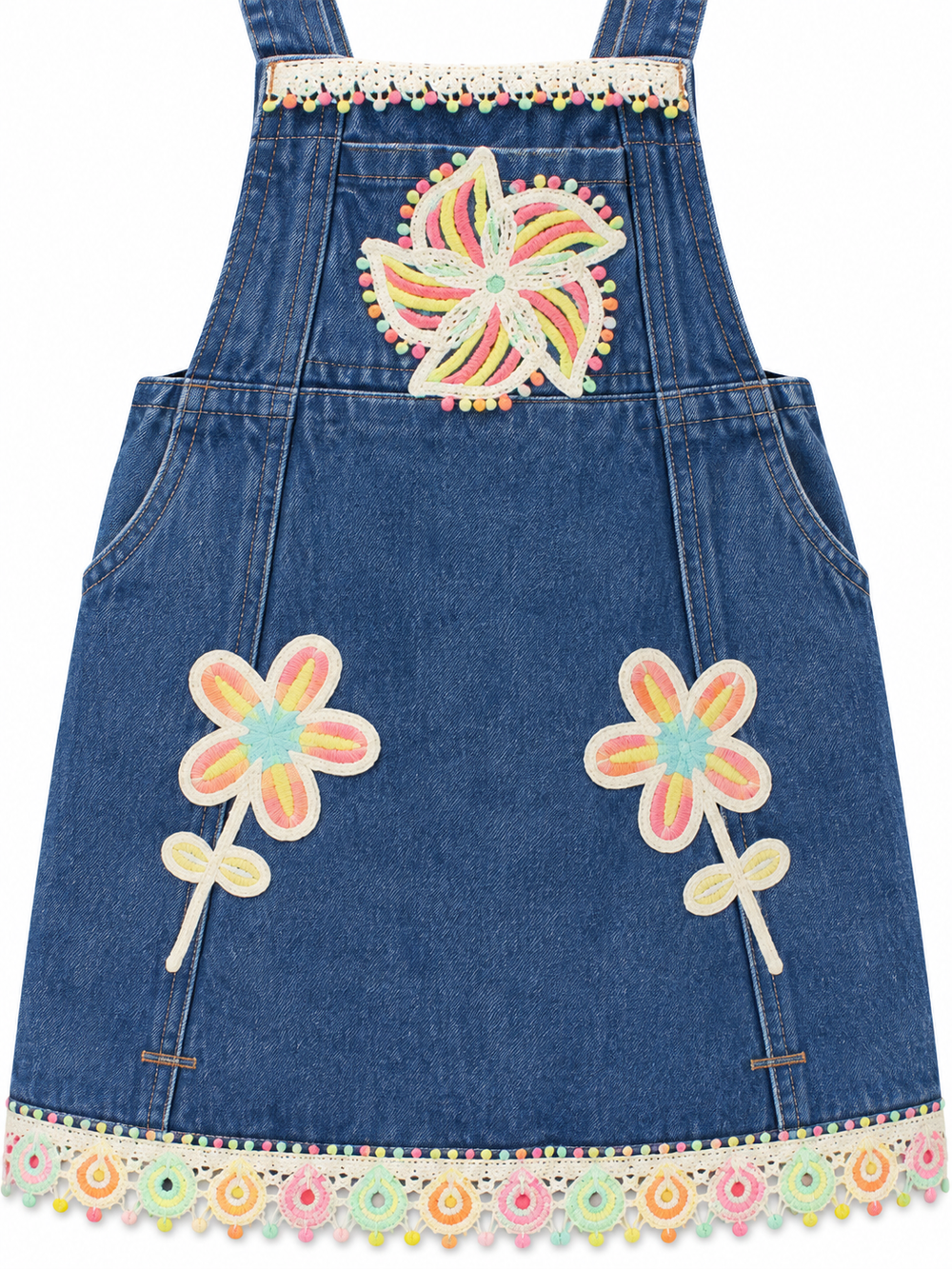 Girls Blue Floral Denim Pinafore Dress with Cream Top