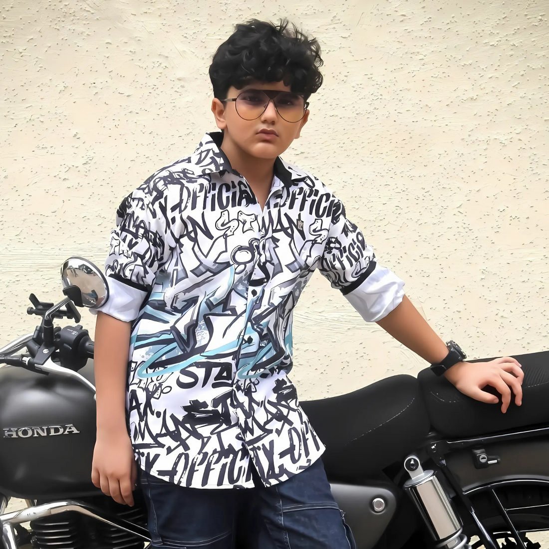 Boys White Printed Full Sleeve Shirt