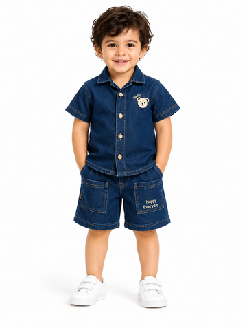 Boys Blue Bear Print Denim Shirt and Shorts Set