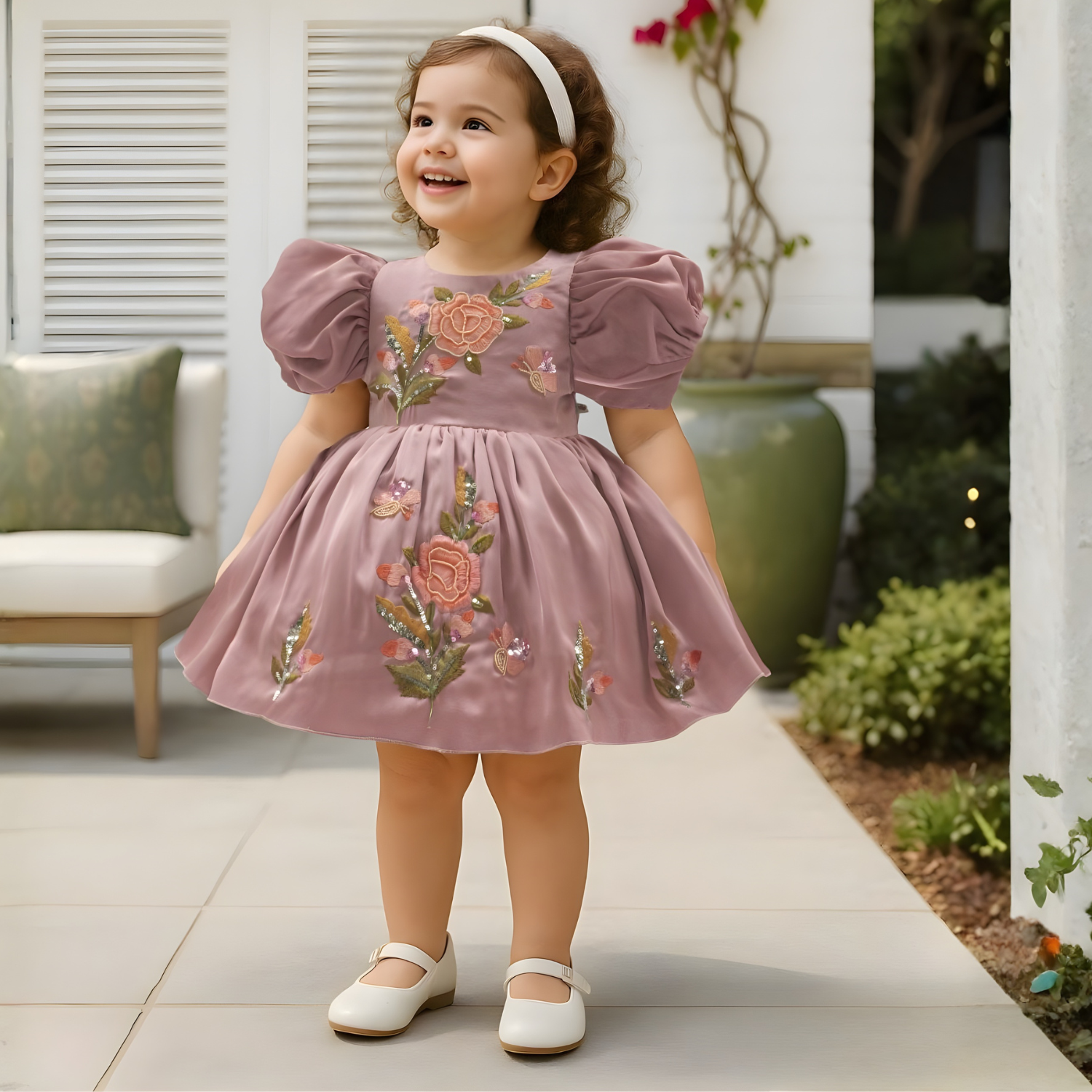 Puff Sleeve Embroidered Party Frock For Girls