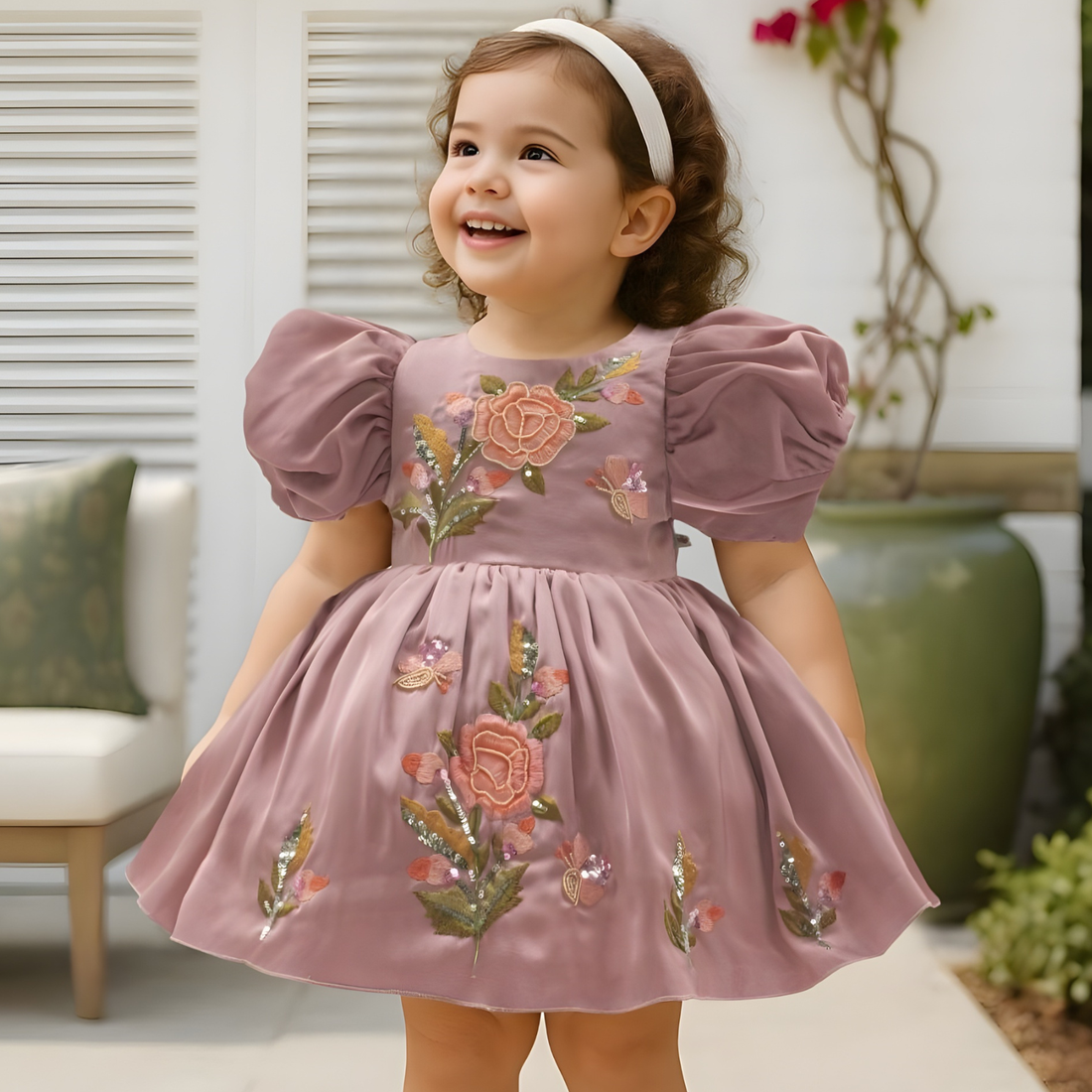 Puff Sleeve Embroidered Party Frock For Girls