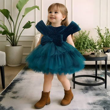 Teal Blue Party Wear Frock with Oversized Bow For Girls