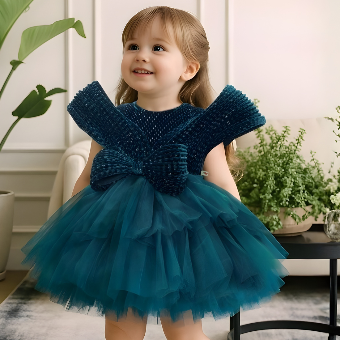 Teal Blue Party Wear Frock with Oversized Bow For Girls