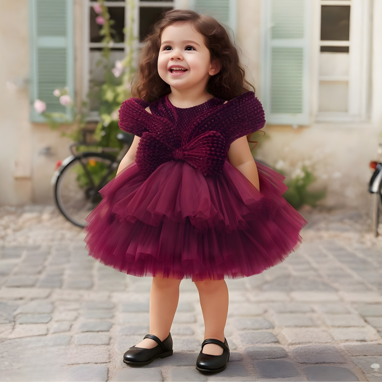 Wine Party Wear Frock with Oversized Bow For Girls
