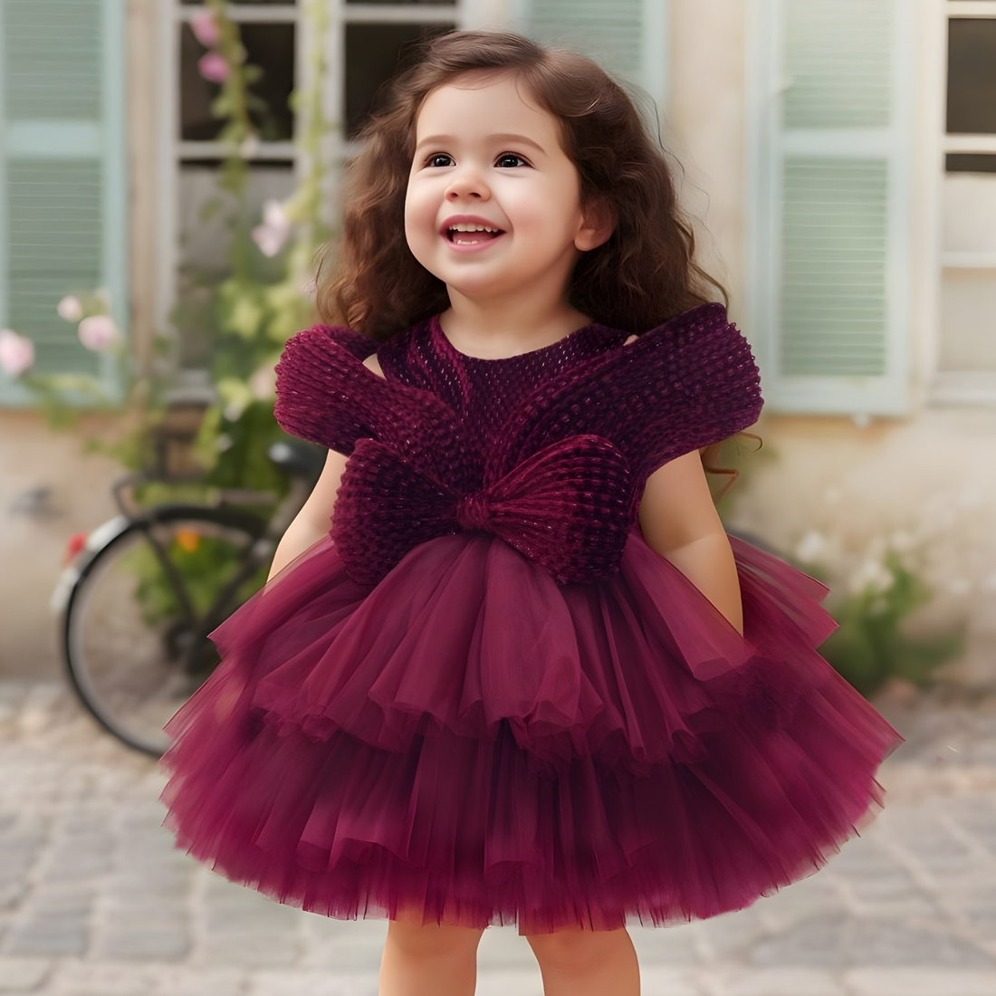 Wine Party Wear Frock with Oversized Bow For Girls