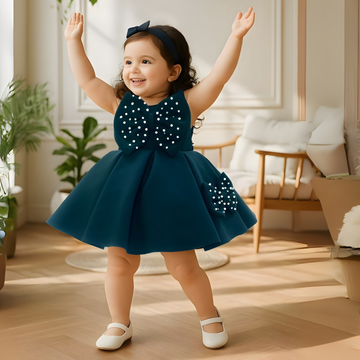 Green Party Frock With Pearl-Studded Bows For Girls