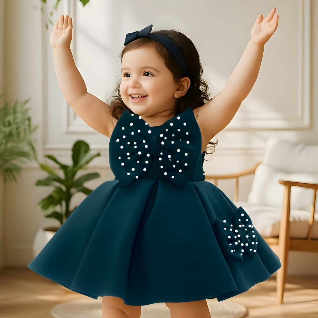 Green Party Frock With Pearl-Studded Bows For Girls