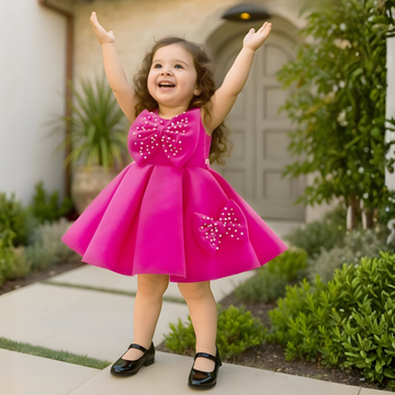 Rani Party Frock With Pearl-Studded Bows For Girls