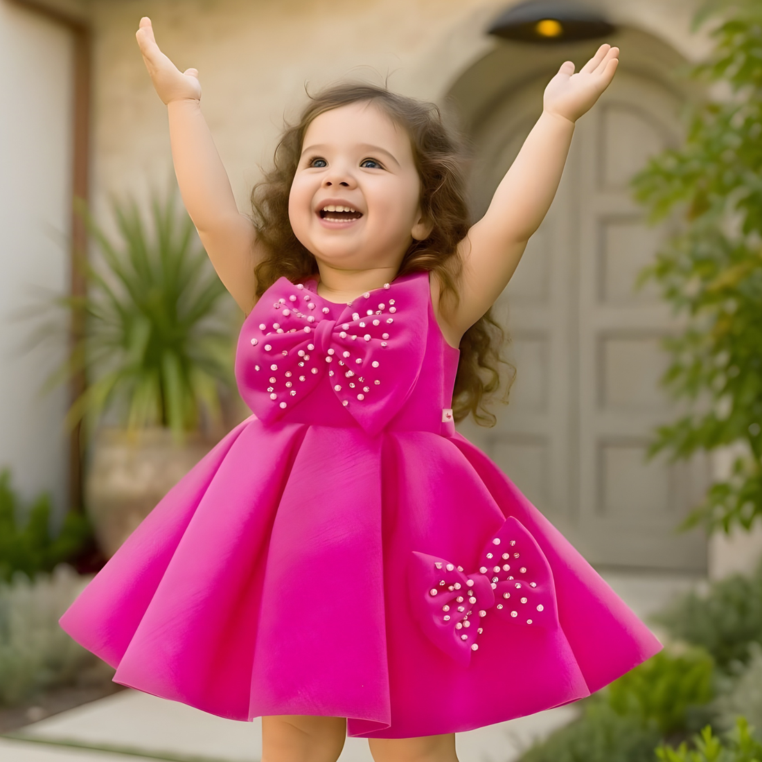 Rani Party Frock With Pearl-Studded Bows For Girls