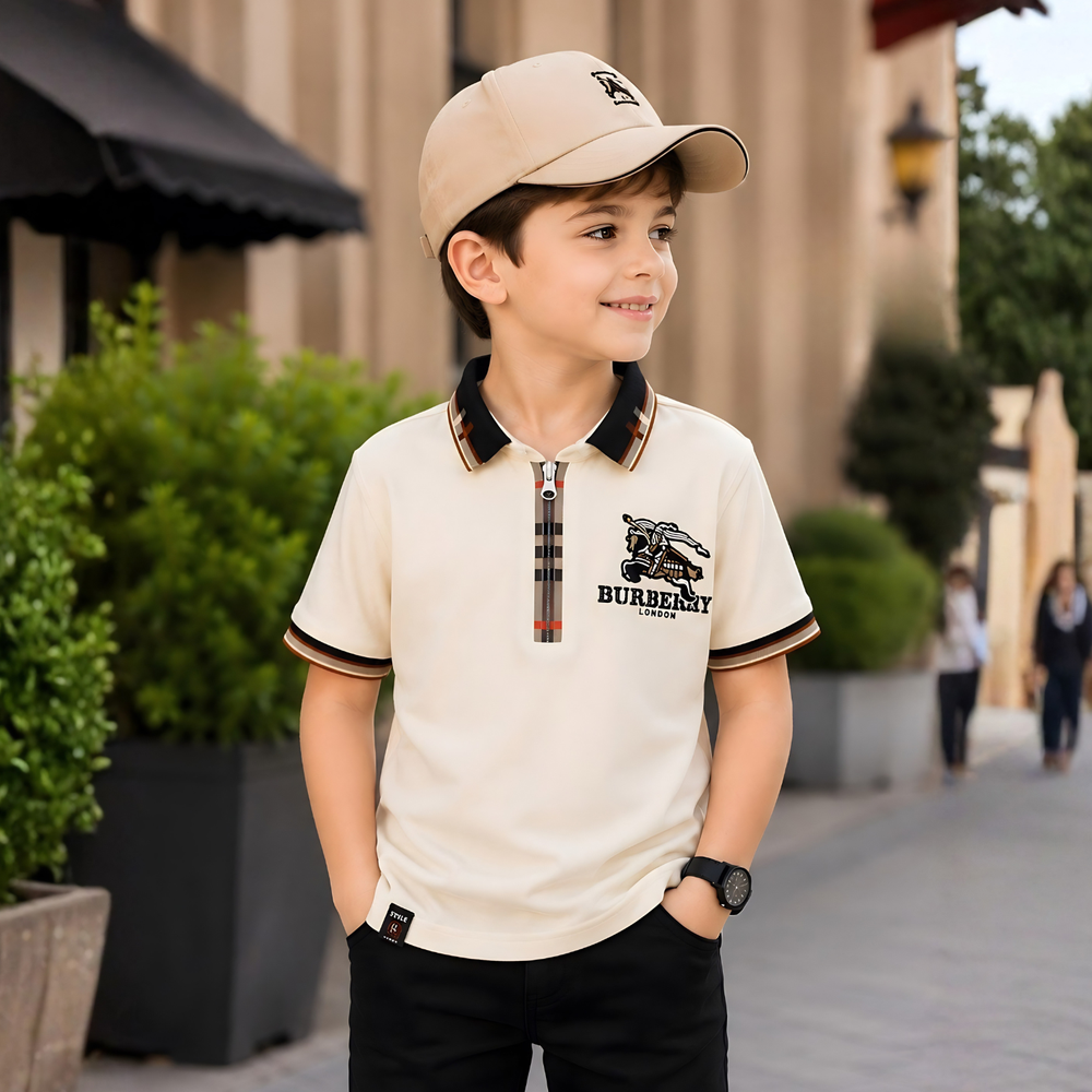 Boys Cream Polo T-Shirt with Stripe Sleeves