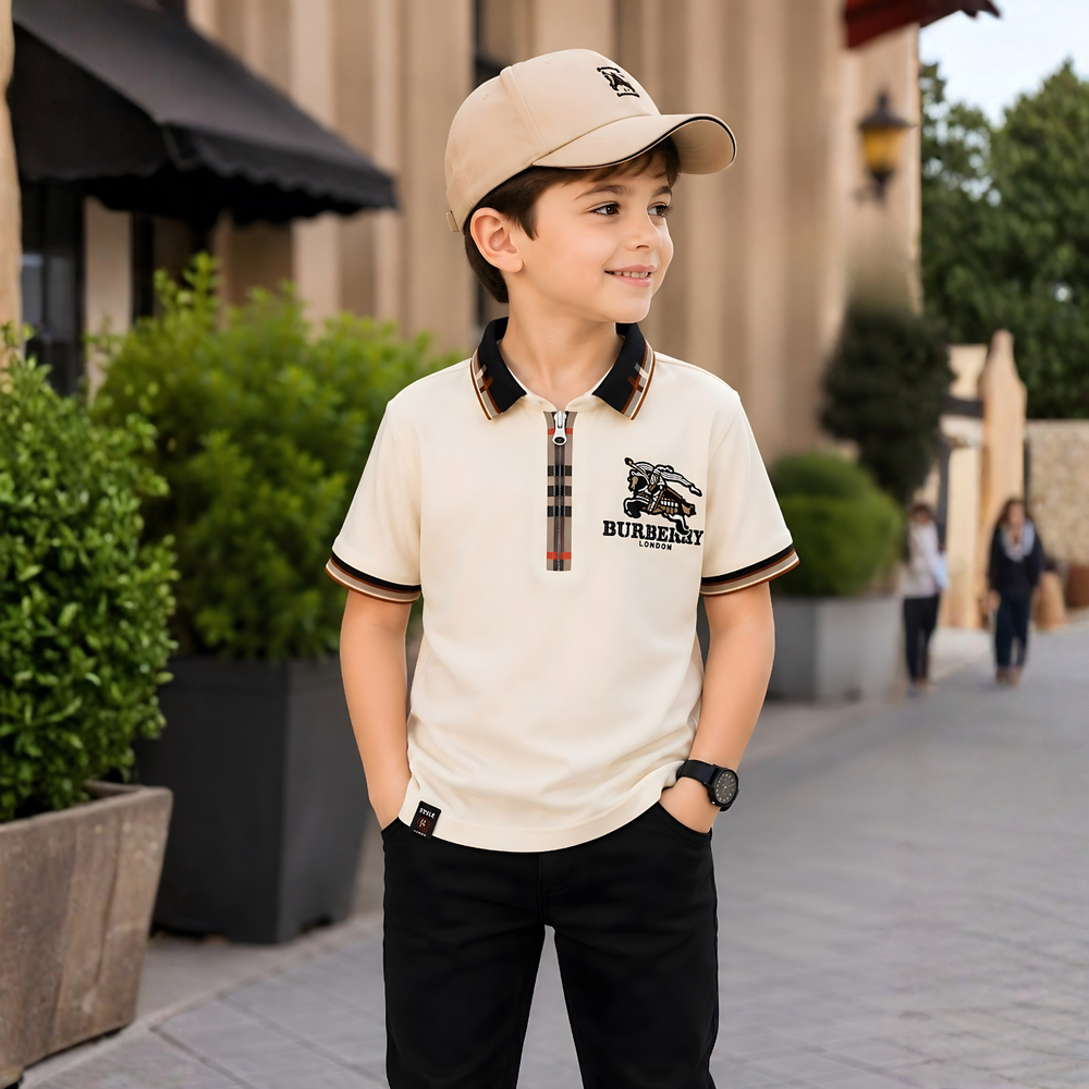 Boys Cream Polo T-Shirt with Stripe Sleeves