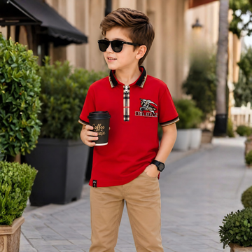 Boys Red Polo T-Shirt with Stripe Sleeves