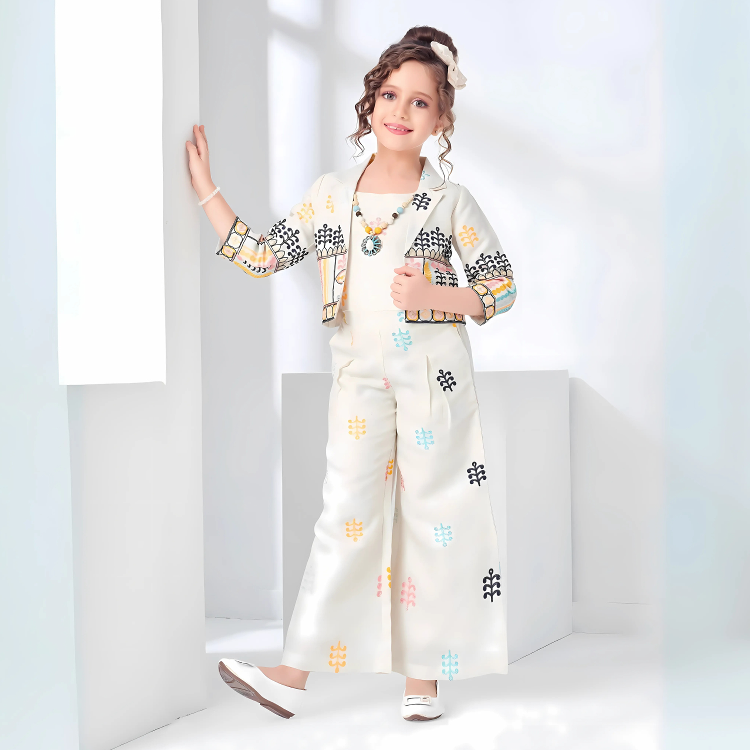 Yellow Classy Embroidered Top With Jacket, Palazzo Set