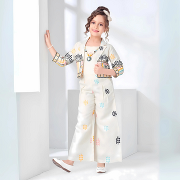 Yellow Classy Embroidered Top With Jacket, Palazzo Set