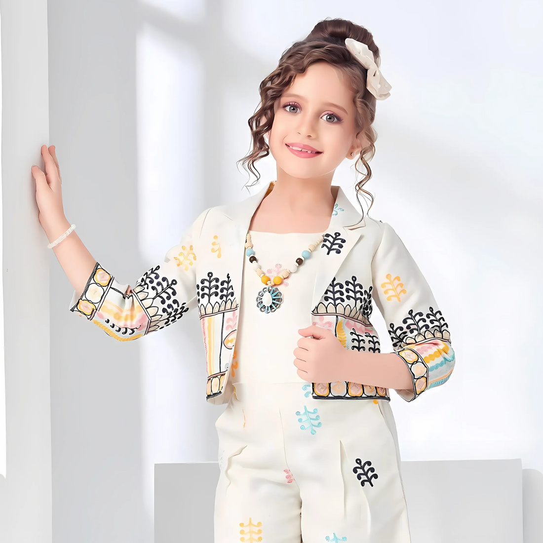 Yellow Classy Embroidered Top With Jacket, Palazzo Set