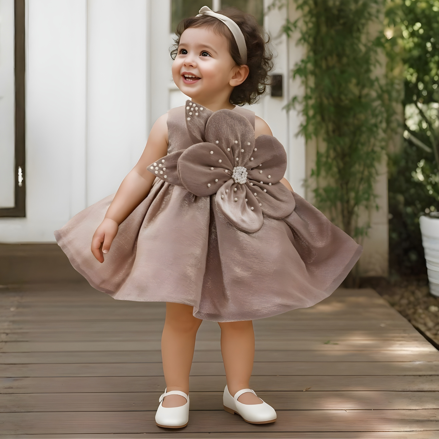 Sleeveless And Bow Embellished With Pearls Work Frock For Girls