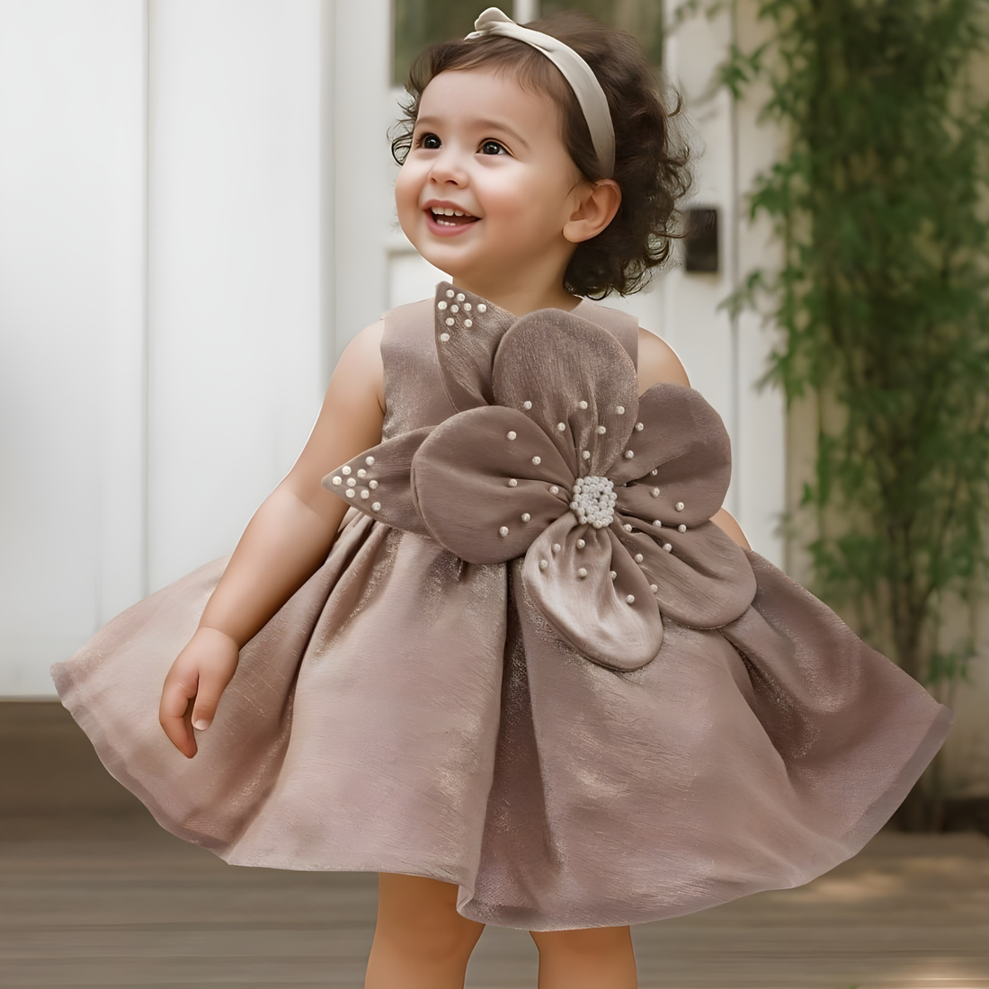 Sleeveless And Bow Embellished With Pearls Work Frock For Girls