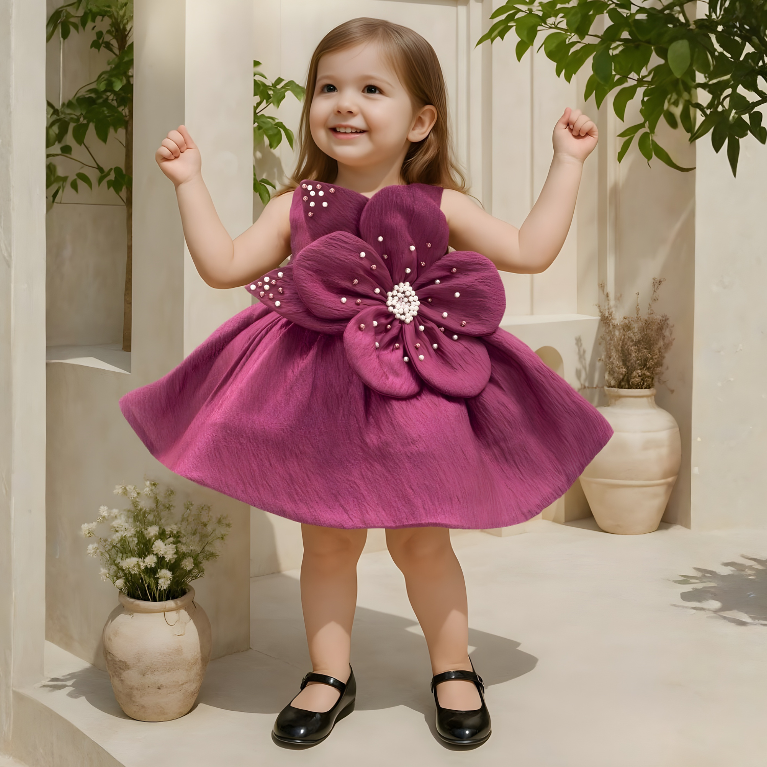 Sleeveless And Bow Embellished With Pearls Work Frock For Girls