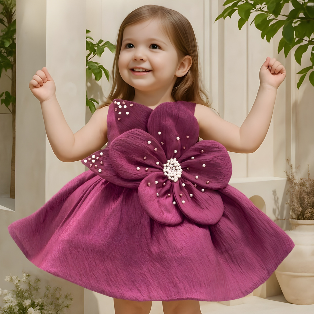 Sleeveless And Bow Embellished With Pearls Work Frock For Girls