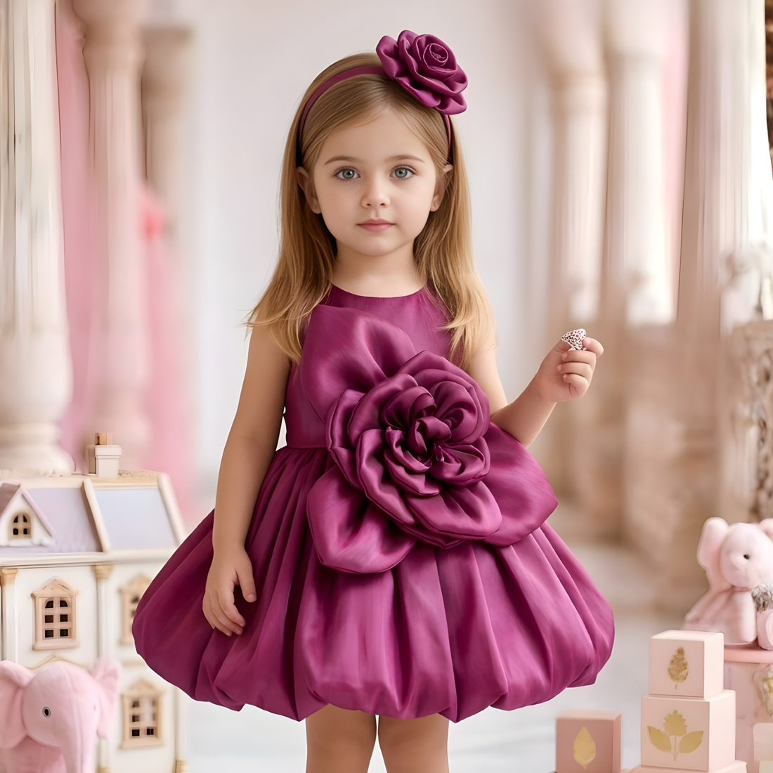 Wine Organza Frock With Floral Embellished For Girls