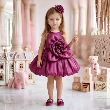 Wine Organza Frock With Floral Embellished For Girls