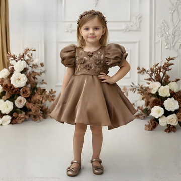 Brown Party Frock With Puff Sleeves For Girls