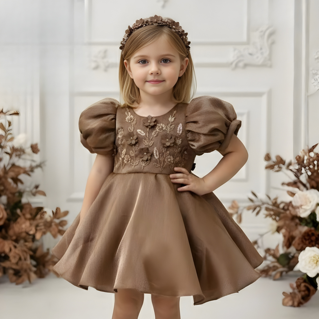 Brown Party Frock With Puff Sleeves For Girls