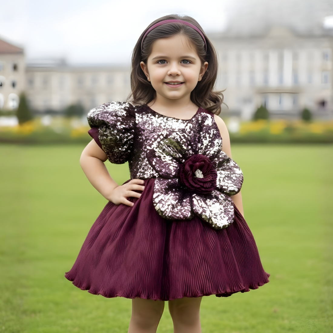 Maroon Puff Sleeves Party Frock
