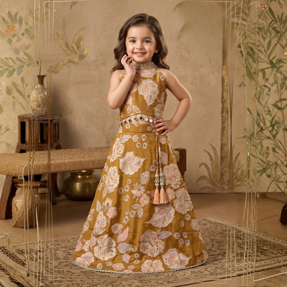 Floral Printed & Embroidered Lehenga Choli For Girls