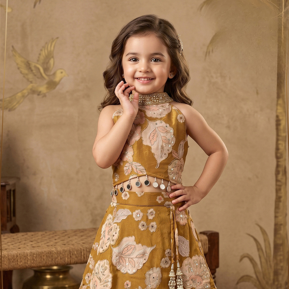Floral Printed & Embroidered Lehenga Choli For Girls