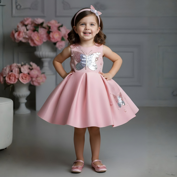 Girls Pink Party Frock Butterfly Applique