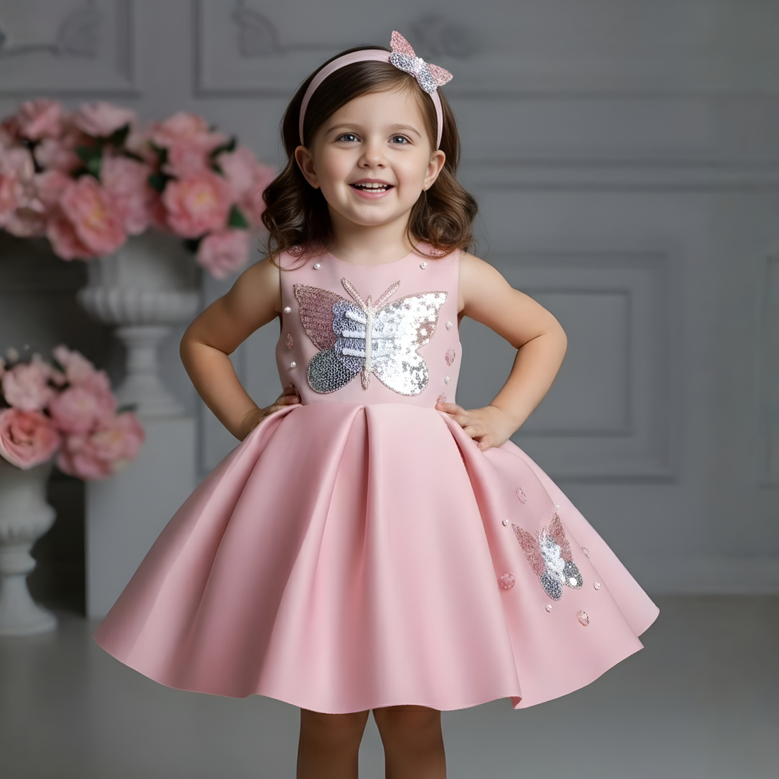 Girls Pink Party Frock Butterfly Applique