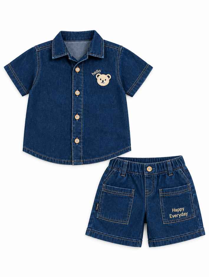 Boys Blue Bear Print Denim Shirt and Shorts Set