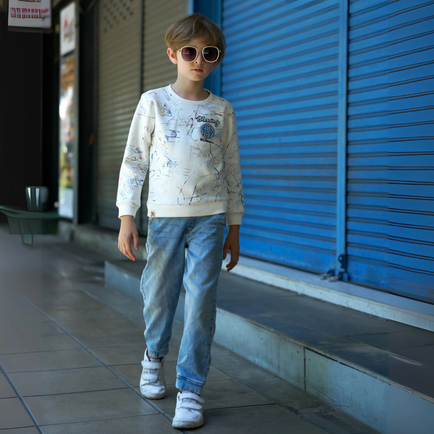 Boys White Printed Round Neck Full Sleeve T-shirt