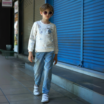 Boys White Printed Round Neck Full Sleeve T-shirt