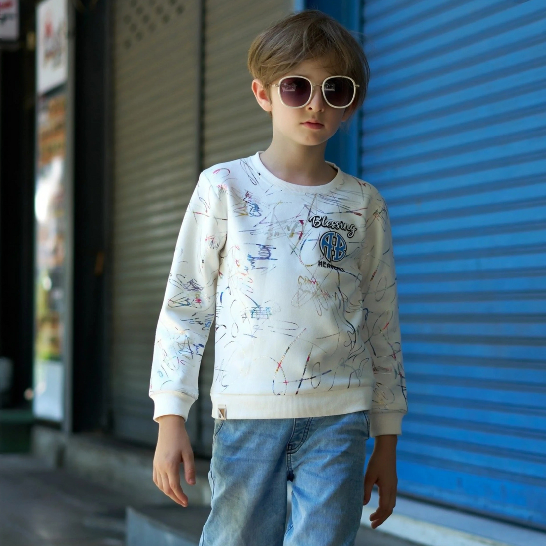 Boys White Printed Round Neck Full Sleeve T-shirt