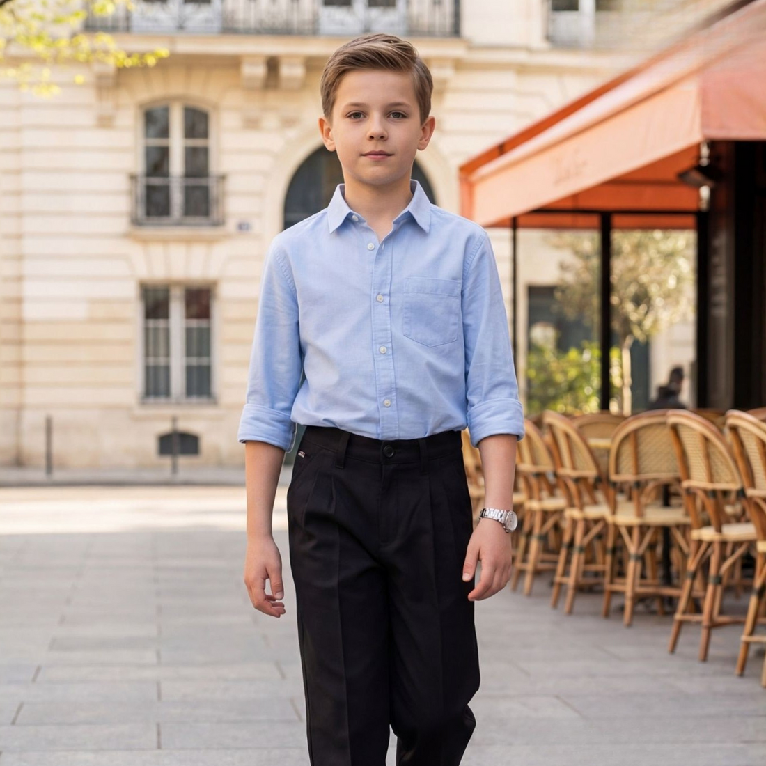 Boys blue shirt with black trousers