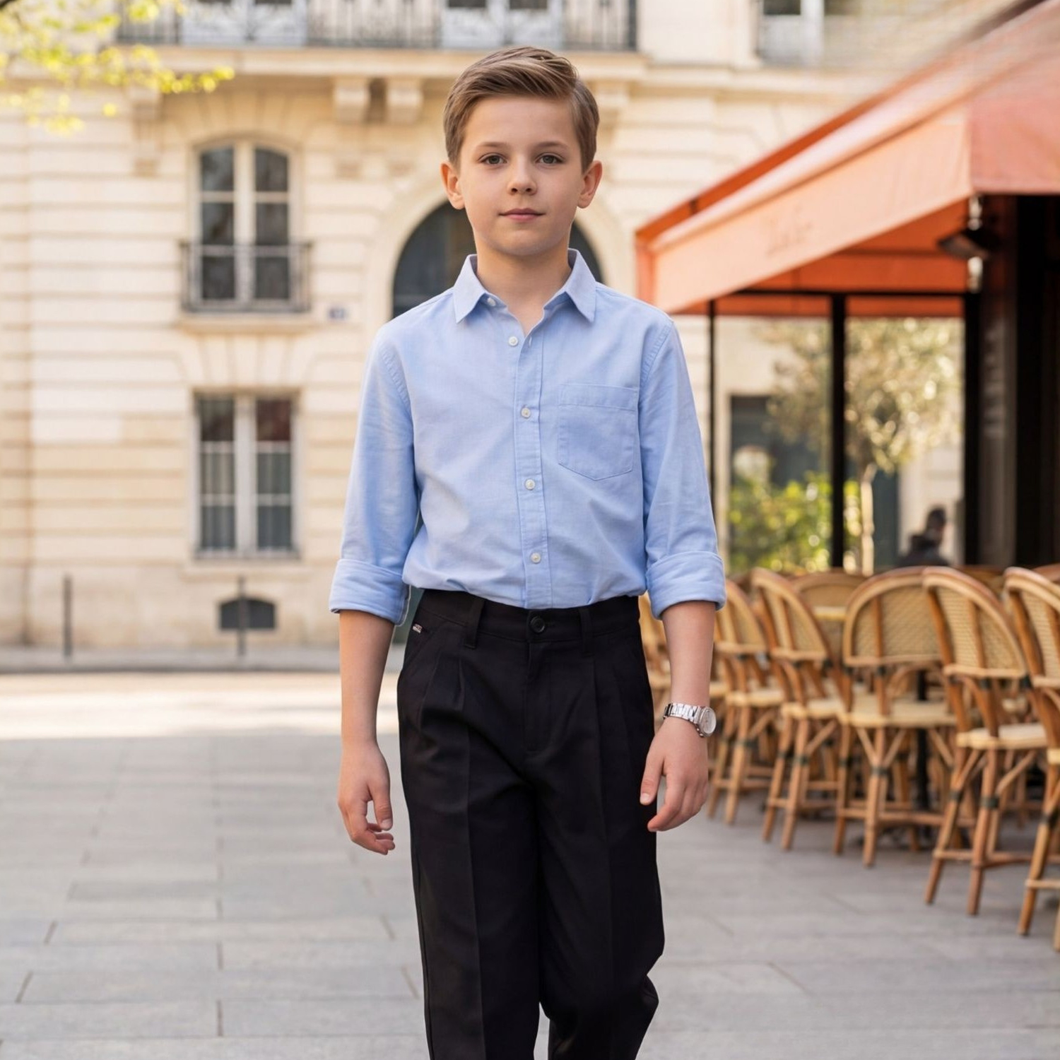 Boys blue shirt with black trousers close-up