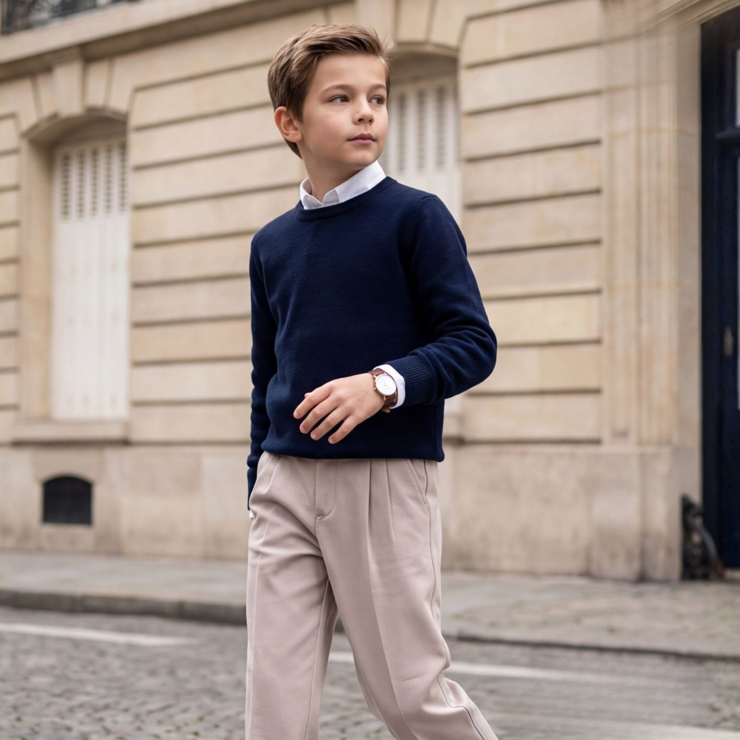 Boys cream shirt with brown trousers close-up