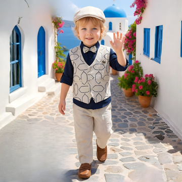 Fawn Shirt And Pant Set With Overcoat And Bow For Boys