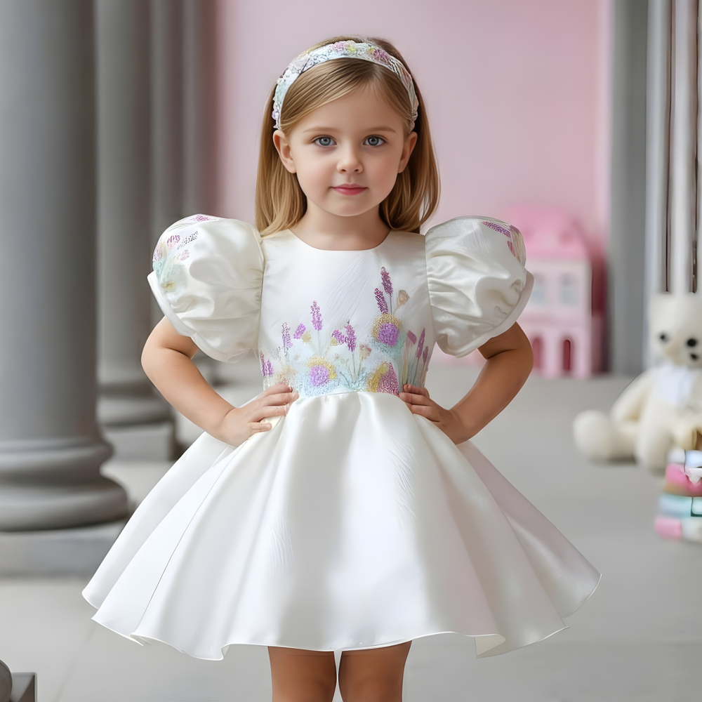 Elegant Cream Puff-Sleeve Party Frock For Girls