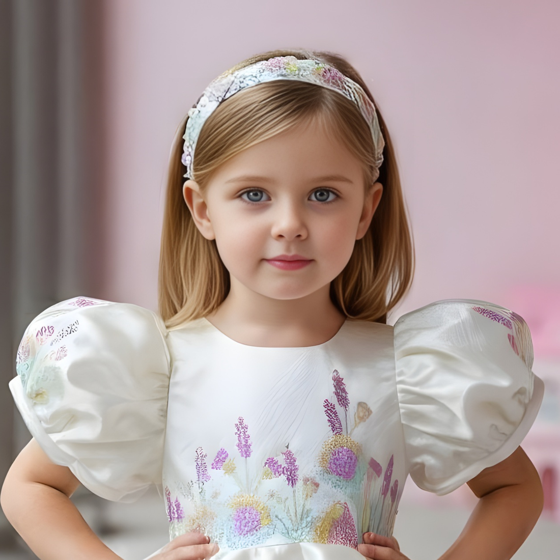Elegant Cream Puff-Sleeve Party Frock For Girls