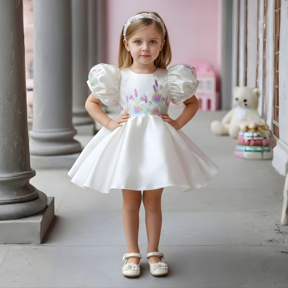 Elegant Cream Puff-Sleeve Party Frock For Girls