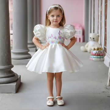 Elegant Cream Puff-Sleeve Party Frock For Girls